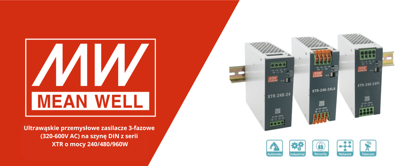 Mean Well XTR - ultrawąskie, trójfazowe zasilacze na szynę DIN 240 / 480 / 960 W